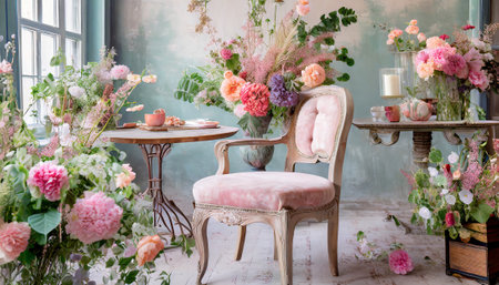 Vintage baroque style interior with flowers in pastel colorsの素材