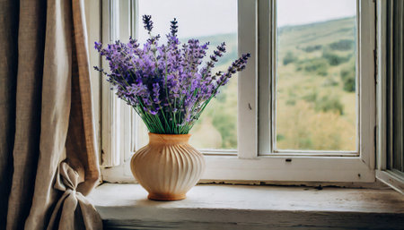 Lavender flowers in a vase on the windowsill.の素材