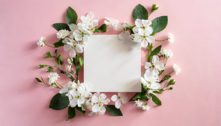 Flowers composition. Frame made of spring flowers on pink background. Flat lay, top view, copy spaceの素材