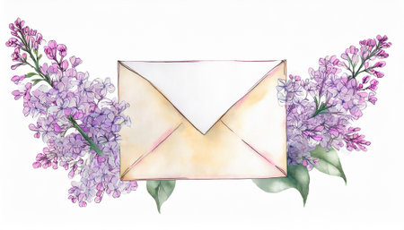 Watercolor illustration of envelope and lilac flowers on white background.の素材