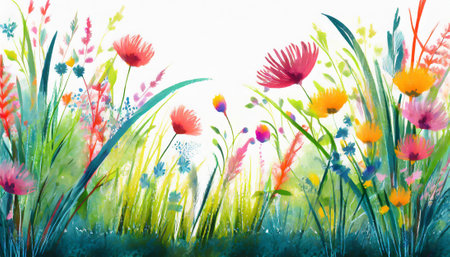 Watercolor summer meadow with flowers and grass on a white backgroundの素材