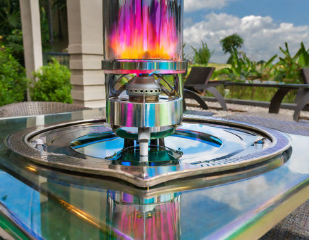 Burning gas lamp on the table in the garden, Thailand.の素材
