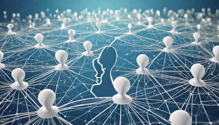Conceptual background image with social connection lines on blue backdrop. 3d renderingの素材