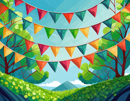 Colorful bunting flags in the green meadow. Vector illustrationの素材