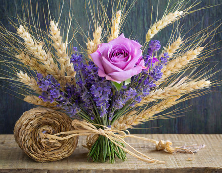 Bouquet of lavender flowers and ears of wheat on a wooden backgroundの素材