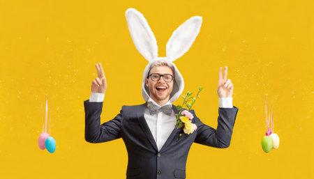 easter, holidays, celebration and people concept - happy senior man in rabbit ears over yellow backgroundの素材