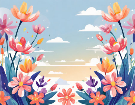 Floral background with flowers and clouds. Vector illustration. EPS 10の素材