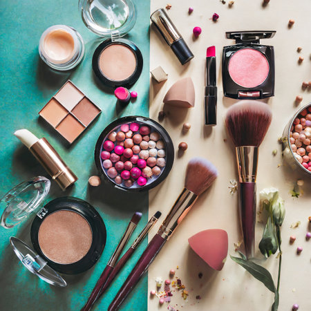 collection of make up and cosmetic beauty products arranged on green background, flat layの素材
