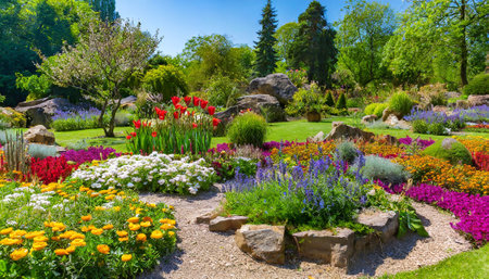 Beautiful spring garden with blooming flowers and stones on sunny dayの素材