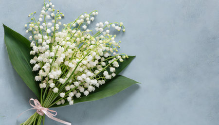 Lily of the valley flowers on blue background. Copy space.の素材