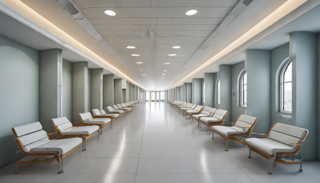 Interior of a hospital corridor with rows of empty chairs, 3d renderの素材