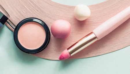 Makeup and cosmetics beauty products on pastel background. Flat lay, top view.の素材