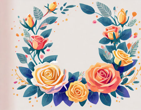 Floral wreath with roses and leaves. Hand drawn vector illustration.の素材