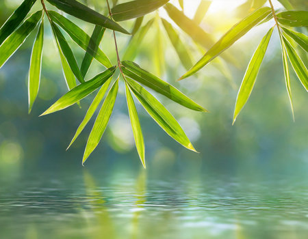 Bamboo leaves in the water with sunlight and bokeh backgroundの素材