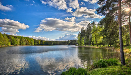 Beautiful summer landscape with a lake in the forest on a sunny dayの素材