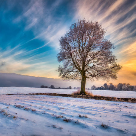 Winter landscape with a lonely tree on a snowy meadow at sunsetの素材