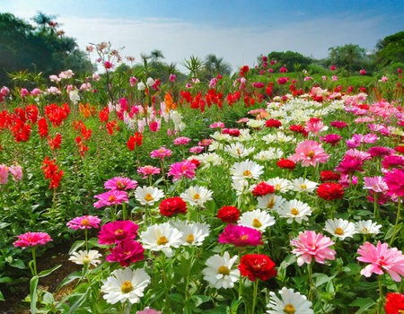 Colorful cosmos flower field in the garden with blue sky background.の素材