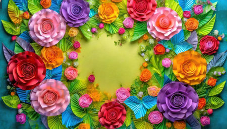 Colorful paper flowers on green background with copy space for text.の素材
