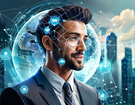 Portrait of young handsome Indian businessman in suit and glasses over modern city background with double exposure of planet hologram. Concept of hi tech. Toned imageの素材