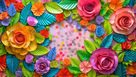 Colorful paper flowers on colorful paper background. Top view with copy spaceの素材