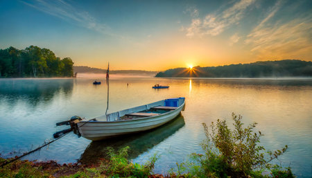 Fishing boat on the lake at sunrise. Beautiful summer landscape.の素材