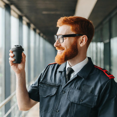 Portrait of a red-bearded male security guard with a coffee to go.の素材