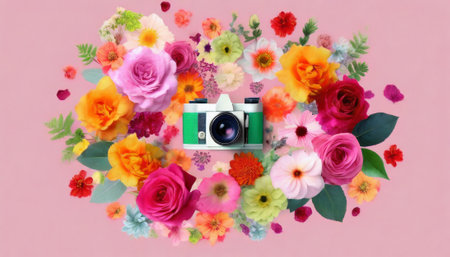Retro camera with flowers on pink background. Flat lay, top viewの素材