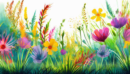 Colorful spring flowers and grass on white background. Digital painting.の素材