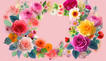 Frame of colorful flowers on a pink background. Flat lay, top view.の素材