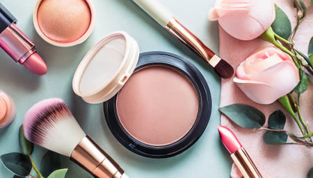 Makeup products and flowers on mint background. Flat lay, top view.の素材