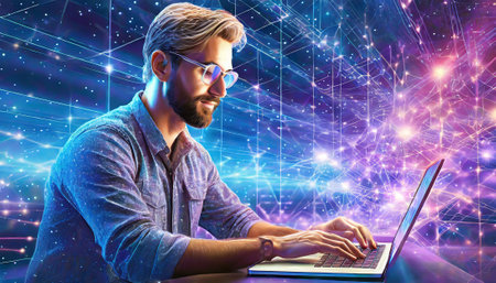 Handsome young man using laptop against purple background with binary codeの素材