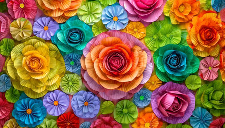 Colorful paper flowers background. Top view of colorful paper flowers.の素材