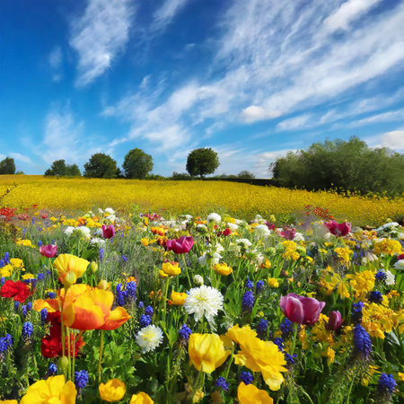 Field of spring flowers and blue sky with clouds. Spring landscape.の素材
