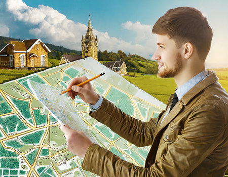 Young man with map and church in background. Travel and vacation conceptの素材