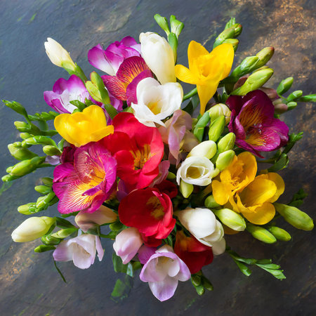 Bouquet of multicolored freesias on a dark backgroundの素材