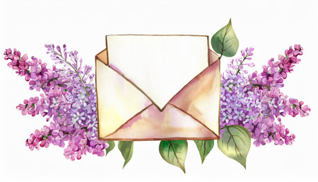 Envelope with letter and lilac flowers. Watercolor illustrationの素材