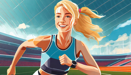 Sporty young woman running on stadium. Sport and healthy lifestyle concept.の素材
