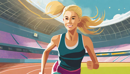 Athletic blonde woman running in a stadium. Vector illustration.の素材