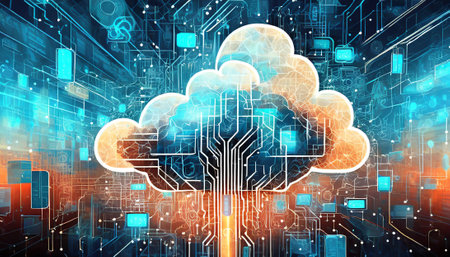 Cloud computing technology concept. 3d rendering toned image double exposureの素材