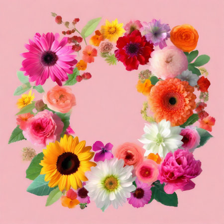 Flower wreath on a pink background. Flat lay, top view.の素材
