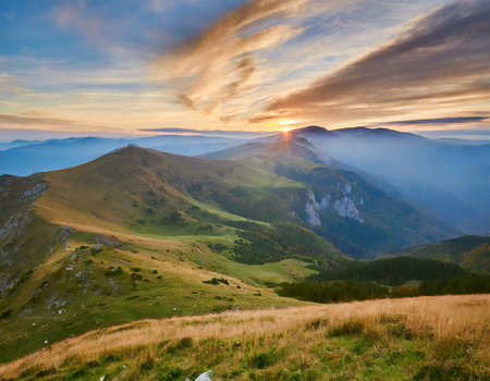 Majestic sunset in the mountains landscape. Carpathian, Ukraine, Europe. Beauty world.の素材