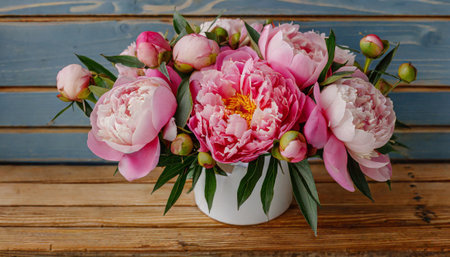 Bouquet of pink peonies in a vase on a wooden backgroundの素材
