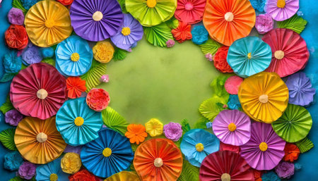Colorful paper flowers on a green background. View from above.の素材