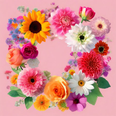 Beautiful flowers on pink background, top view. Floral frameの素材