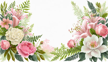Floral background with pink lilies, roses and greenery.の素材