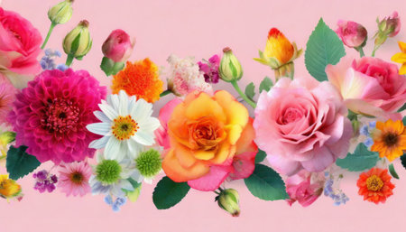 colorful flowers on a pink background. Floral background for your designの素材