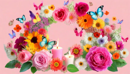 Floral wreath with flowers, candles and butterflies on pink backgroundの素材