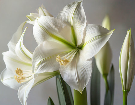 Bouquet of white lily flowers on a gray background.の素材