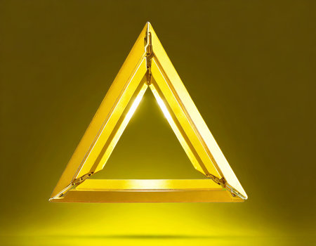 Golden triangle on a yellow background. 3d rendering. Computer digital drawing.の素材