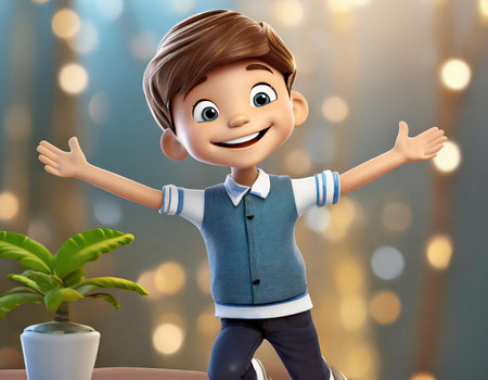 3d illustration of boy cartoon character in casual clothes over bokeh backgroundの素材